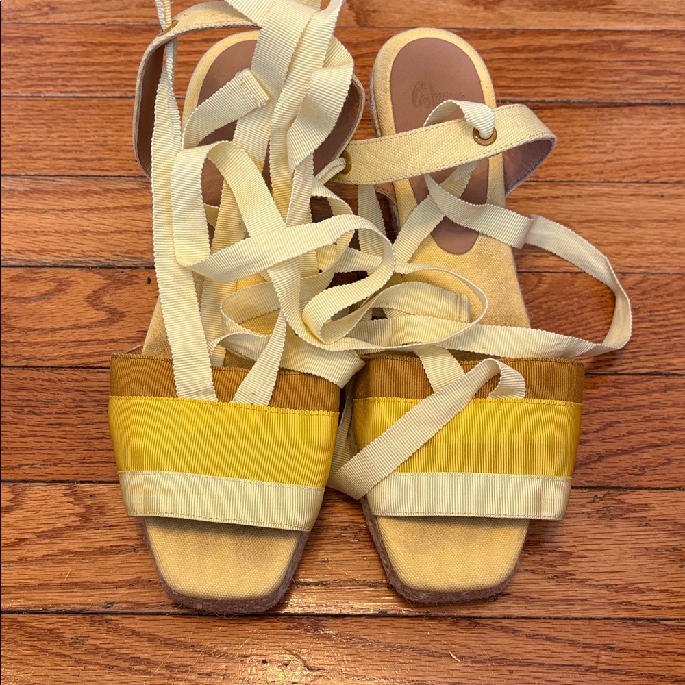 Castaner Espadrille Wedges Yellow Ankle Tie Up Shoes Size 41